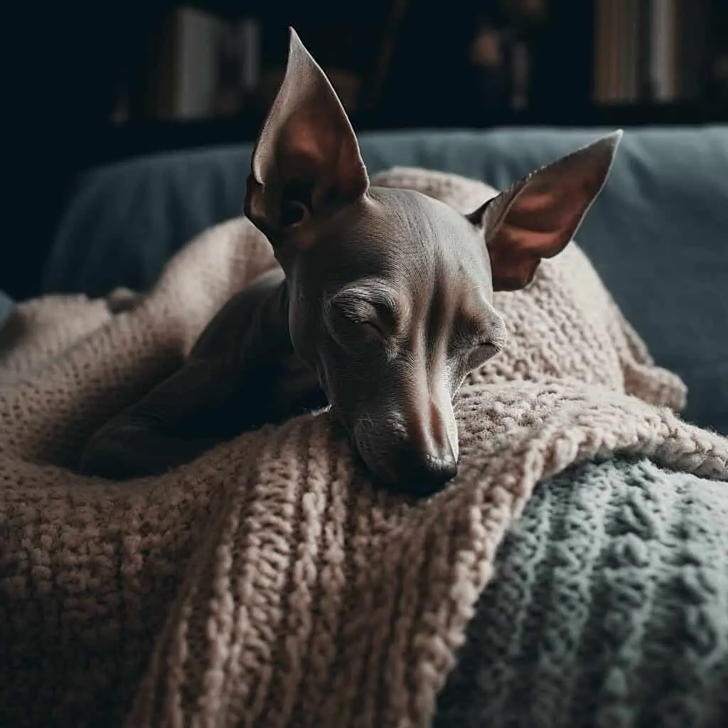 A sleeping Mexican Hairless dog on a sofa