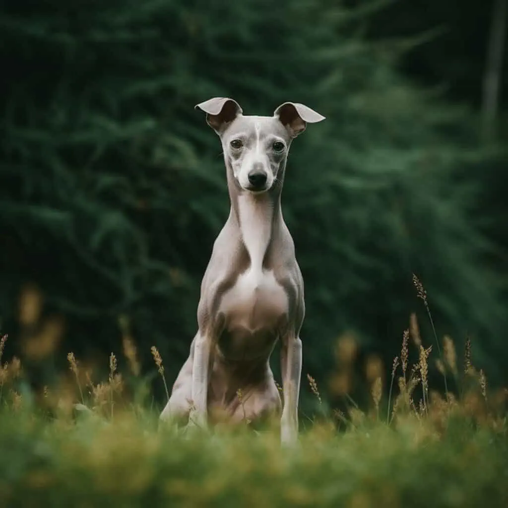 Italian Greyhound standing in the grass